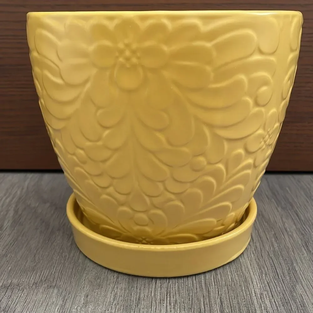 Multi Floral Yellow Ceramic Planter Pot with Saucer Attached